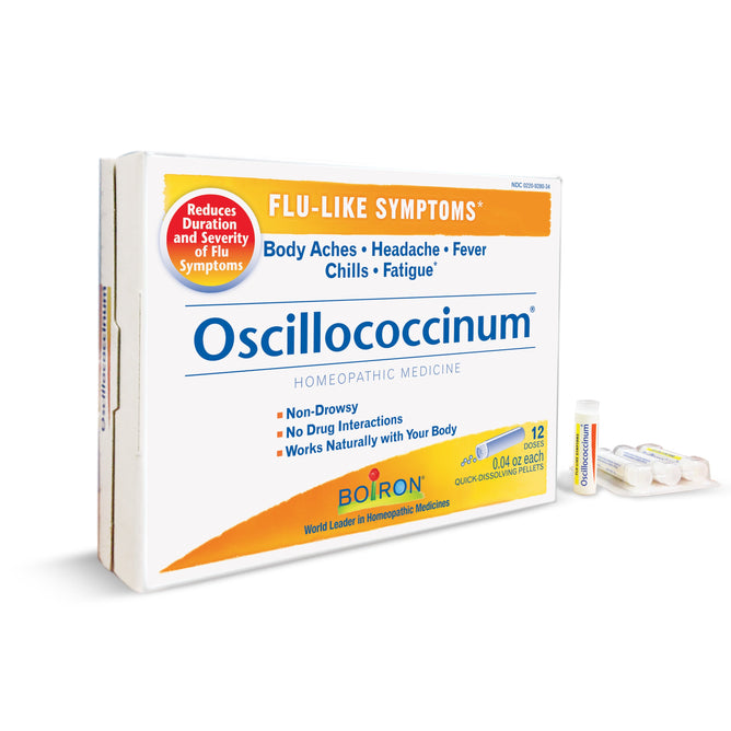 Boirons Oscillococcinum is a homeopathic flu medicine designed to reduce symptoms like body aches, headaches, fever, chills, and fatigue. Its non-drowsy with no drug interactions and comes in a box containing 12 quick-dissolve doses.