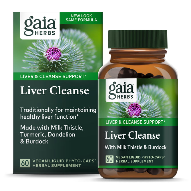 The image shows a Gaia Herbs Liver Cleanse supplement box and bottle, highlighting detox benefits with Milk Thistle, Turmeric, Dandelion, and Burdock in its Liver & Cleanse Support formula. It includes 60 vegan liquid phyto-caps.