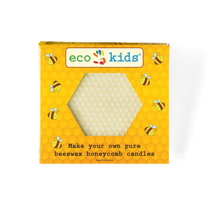 Eco-kids Beeswax Honeycomb Candle Kit lets you create your own beeswax candles. The yellow box, with cartoon bees and a hexagonal window, showcases the honeycomb texture.