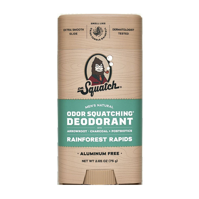 Explore Dr. Squatchs Mens Natural Deodorant in Rainforest Rapids scent; aluminum-free and featuring arrowroot, charcoal, and postbiotics for odor blocking. Enjoy an Extra Smooth Glide, Smell Like Nature, and a dermatologist-tested formula for natural freshness!.