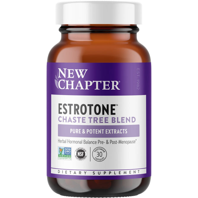 Brown bottle of New Chapters Estrotone™ Herbal Hormone Balance, Pre & Post Menopause supplements features a purple label. Includes Pure & Potent Extracts, Herbal Hormonal Balance, and 30 Softgels. Enhanced with Evening Primrose oil, it has NSF and non-GMO project verified logos.