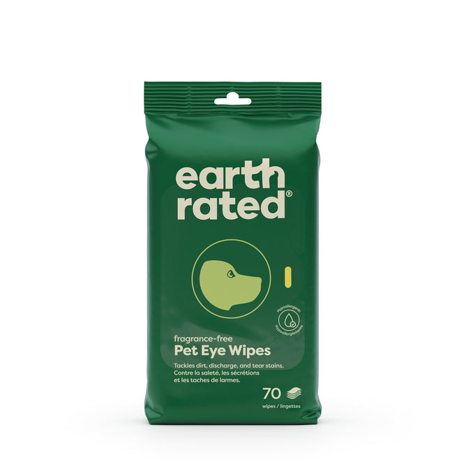 A green package of Earth Rated Dog Eye Wipes features a simple dog illustration and contains 70 fragrance-free, hypoallergenic wipes designed to expertly remove dirt, discharge, and tear stains.