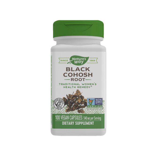 Natures Way Black Cohosh Root bottle with a green lid features Traditional Womens Health Remedy, 100 Vegan Capsules, Non-GMO Verified, and Since 1969 on the label. Each 450 mg capsule provides trusted womens health support.
