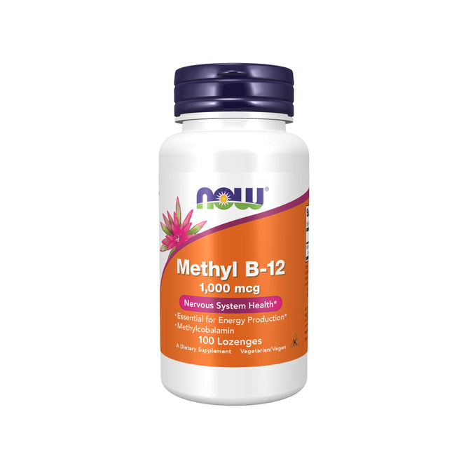 The NOW Foods Methyl B-12 1000mcg supplement, packaged in a white bottle with orange and purple accents, highlights Nervous System Health and energy support. It offers 100 vegetarian lozenges containing 1,000 mcg of Methylcobalamin each, perfect for vegetarians or vegans.