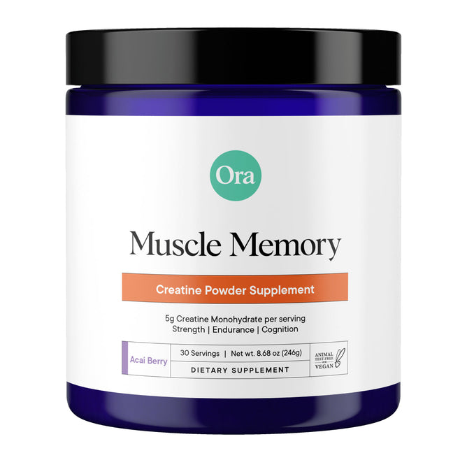 The Acai berry-flavored Next-Generation Creatine Blend Supplement by Ora Organic comes in a blue container and offers 5g of creatine monohydrate and D-ribose per serving to boost energy for strength, endurance, and cognition, with 30 vegan-certified servings.