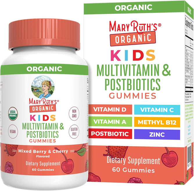 Discover MaryRuths Kids Multivitamin & Postbiotics Gummies, a mixed berry and cherry flavored treat supporting kids health with vitamin D, C, A, methyl B12, postbiotic, and zinc. Non-GMO, vegan, gluten-free—60 gummies per pack!.