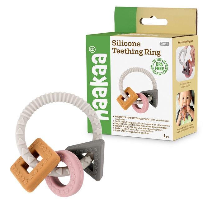 The Haakaa 100% Food Grade Silicone Sensory Development Teething Ring offers teething relief with interlocking rings in white, pink, gray, and brown. BPA-free and packaged with a baby photo and product details.