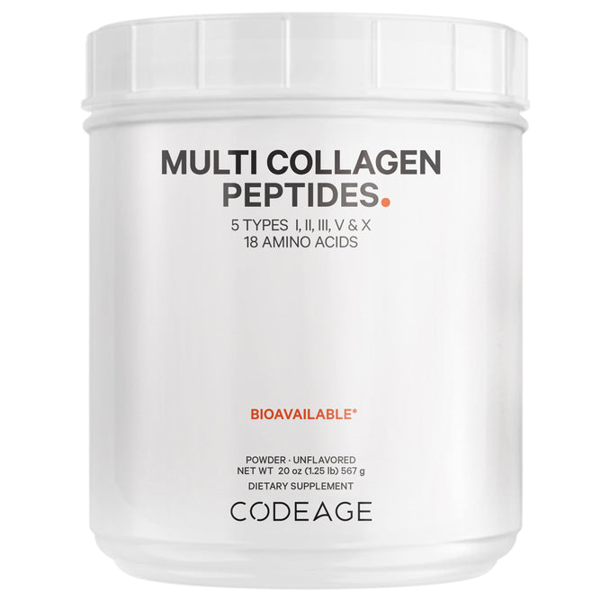 The white Codeage container, labeled Multi Collagen Protein Powder, features hydrolyzed collagen types I, II, III, V, and X. It contains 18 amino acids and is an unflavored, bioavailable supplement for dietary wellness.