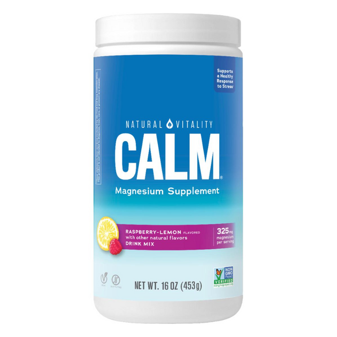 Natural Vitality CALM Raspberry Lemon 16oz features a blue and white label with raspberry and lemon images. It offers 325mg magnesium per serving to support sleep and stress relief.