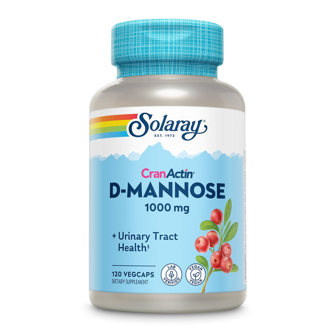 The Solaray CranActin® D-Mannose dietary supplement features cranberries on its label and offers a 1000 mg dosage. Its designed to support urinary tract health with 120 veggie capsules.