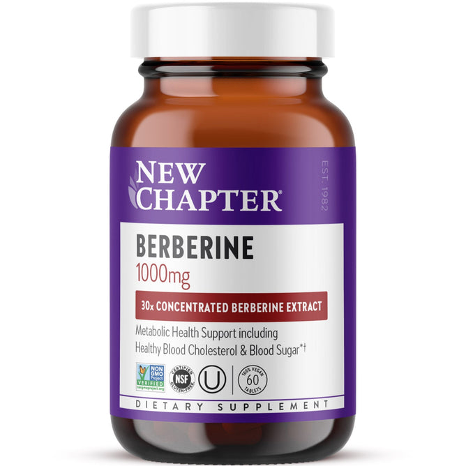 A brown bottle of New Chapters Berberine - 1000mg supplement features a purple label highlighting 30x Concentrated Berberine Extract for metabolic health, cholesterol, and blood sugar support, with certification logos at the bottom underscoring its premium quality.