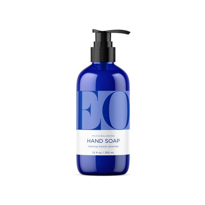 EO Products Hand Soap comes in a 12 fl oz (355 ml) blue bottle with a black pump, infused with calming French lavender for aromatherapy benefits and supports skins microbiome balance.