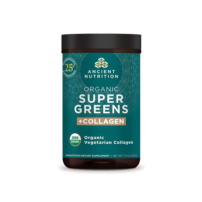 A 7.5 oz (213 g) green container of Ancient Nutritions Organic Super Greens + Collagen highlights USDA Organic status and vegetarian collagen to support digestion, with a 25-serving badge included.