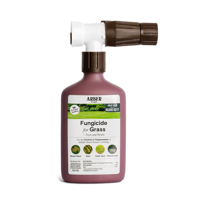 The Arber Organic Fungicide for Lawn, Tree, and Shrubs (RTS) comes in a plastic bottle with a white and brown sprayer for easy use. It provides effective disease control against brown patch, rust, and more on grass, shrubs, and ornamentals.