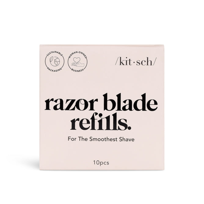 Kitschs Razor Blade Refills promise the smoothest shave with stainless steel blades for a flawless finish. The set includes 10 pieces compatible with the Perfect Glide Safety Razor and features icons for Sustainable Packaging and Woman-Owned Business.