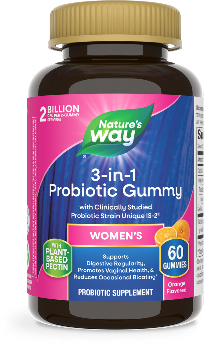 Natures Way 3-in-1 Probiotic Gummy offers 60 orange-flavored gummies, each serving providing 2 billion CFU to support digestive and vaginal health while reducing bloating. Made with plant-based pectin, its a comprehensive wellness solution for women.