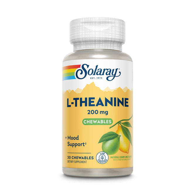 The Solaray L-Theanine 200 mg supplement comes in a bottle of 30 chewables, featuring a vibrant yellow lemon-themed label with Mood Support prominently displayed.