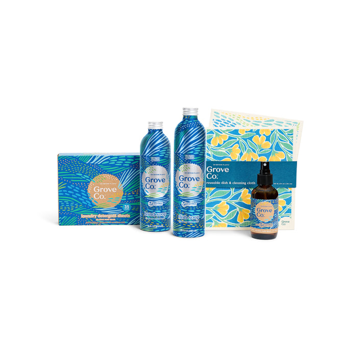 Introducing the Grove Collaboratives Spring Into Clean Set from the limited edition spring collection: a curated set of essentials with two bottles adorned with Atlantic Dune Grass-inspired designs, dish soap sheets, floral cleaning cloths, and a brown spray bottle, all in vibrant nature-inspired patterns.