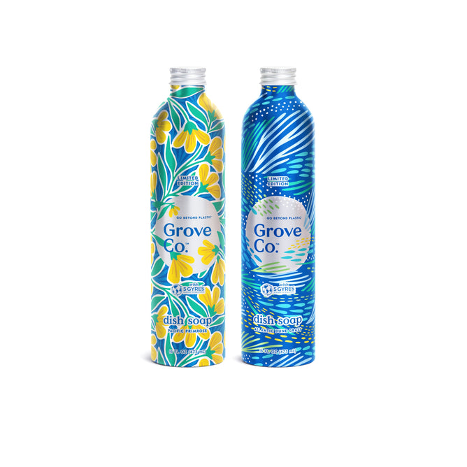 The Grove Collaborative Dish Soap Set from the Spring Collection features two bottles: one with yellow flowers and green leaves on blue representing Pacific Primrose, and another with abstract wavy lines hinting at Atlantic Dune Grass.