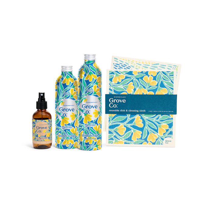 Discover Grove Collaboratives limited edition Kitchen Essentials Set from our spring collection, featuring a spray bottle, two dish soap bottles, and reusable cleaning cloths. The packaging boasts vibrant yellow lemon designs with touches of Pacific Primrose elegance.