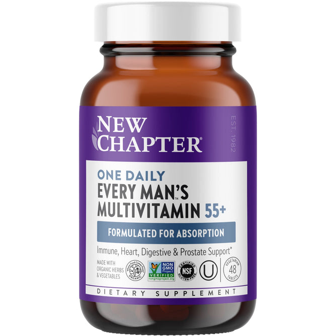 A brown bottle labeled Every Mans One Daily 55+ by New Chapter, featuring a purple label, supports healthy aging with focus on absorption, immune support, and heart, digestive, and prostate health. Its made with organic herbs and includes various certification logos.