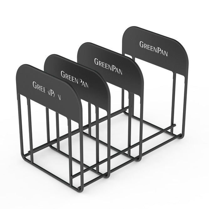 The GreenPan Cookware Rack is a black metal organizer with four sections to hold pans efficiently. The dividers help reduce clutter and display the brand name GreenPan in white lettering.