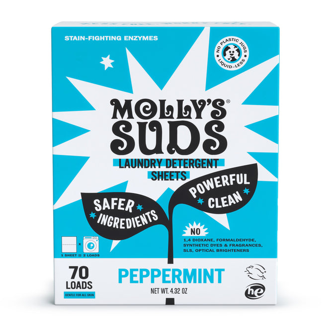 Mollys Suds Laundry Detergent Sheets in peppermint offer eco-friendly stain-fighting power with safer ingredients. Delivering zero waste cleaning, they come in plastic-free packaging and are free of harmful chemicals. Each 4.32 oz box provides 70 loads with liquid-less convenience.