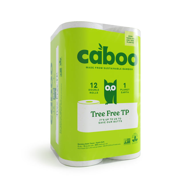 Caboos 2-Ply Bath Tissue offers 12 double rolls made from sustainable bamboo. The green packaging features an owl, highlights its septic-safe benefits, and proudly declares it Tree Free TP, ideal for eco-conscious households seeking tree-free toilet paper.