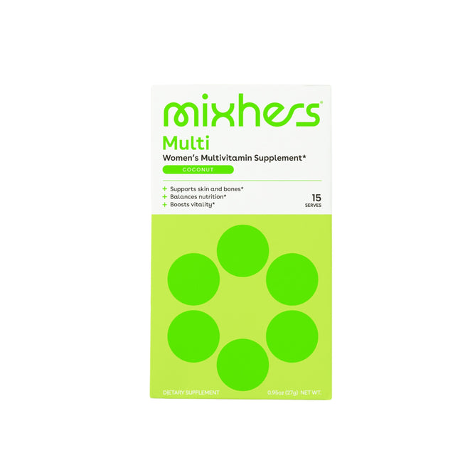 The Mixhers Womens Multivitamin Supplement Powder in Coconut flavor comes in green and white packaging with an abstract dotted design. It provides skin and bone support, boosts vitality, fills nutritional gaps, and offers 15 servings for enhanced female performance.