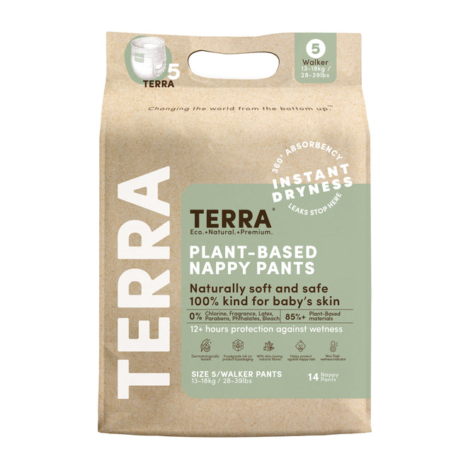 A package of Terra Potty Pull Up Training Pants, size 5 Walker, for 12-18 kg. Features include 0% chlorine, perfumes, plastic; sustainable plant-based protection; and 12-hour dryness. Made with eco-friendly materials and 100% bamboo fiber for instant dryness. Includes 14 compostable nappies.