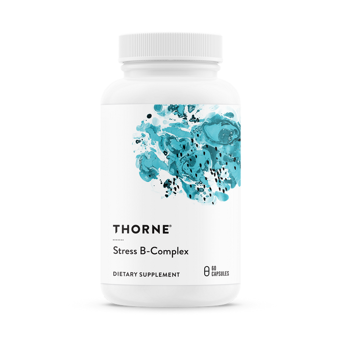 A white bottle labeled Thorne Stress B-Complex features abstract blue splashes and holds 60 capsules. Packed with essential B vitamins, it supports adrenal health and boosts immune function for overall well-being.