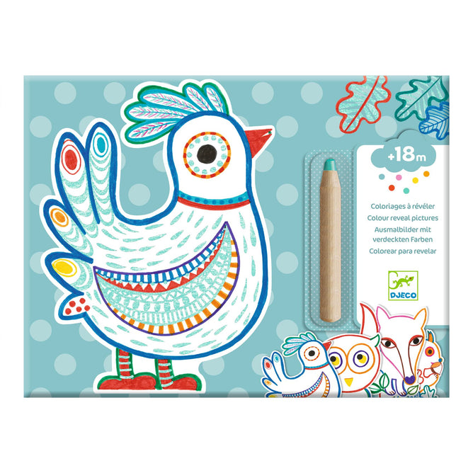 Introducing DJECOs Forest Friends to Discover Coloring, a magical set featuring a colorful bird and playful animals on a turquoise polka dot background with FSC® Certified Paper. Includes jumbo colored pencil, ideal for little artists aged 18 months and up.
