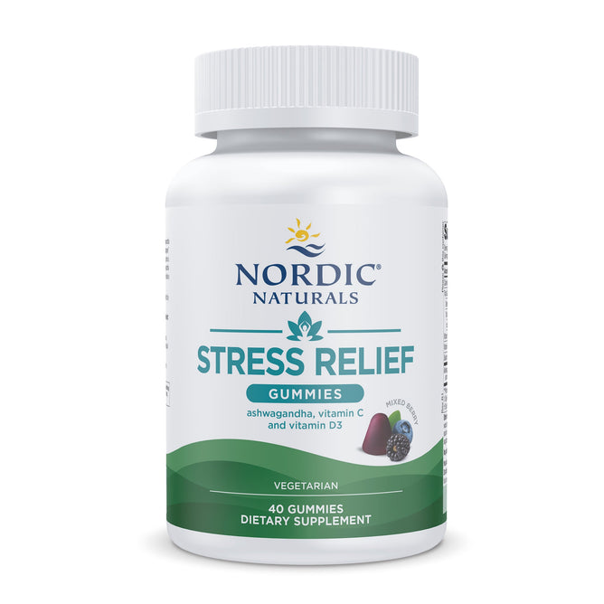 Nordic Naturals Stress Relief Gummies, in a white bottle, feature ashwagandha and vitamins C and D3. The label emphasizes a vegetarian formula with 40 gummies, alongside an image of purple and red gummies near berries.