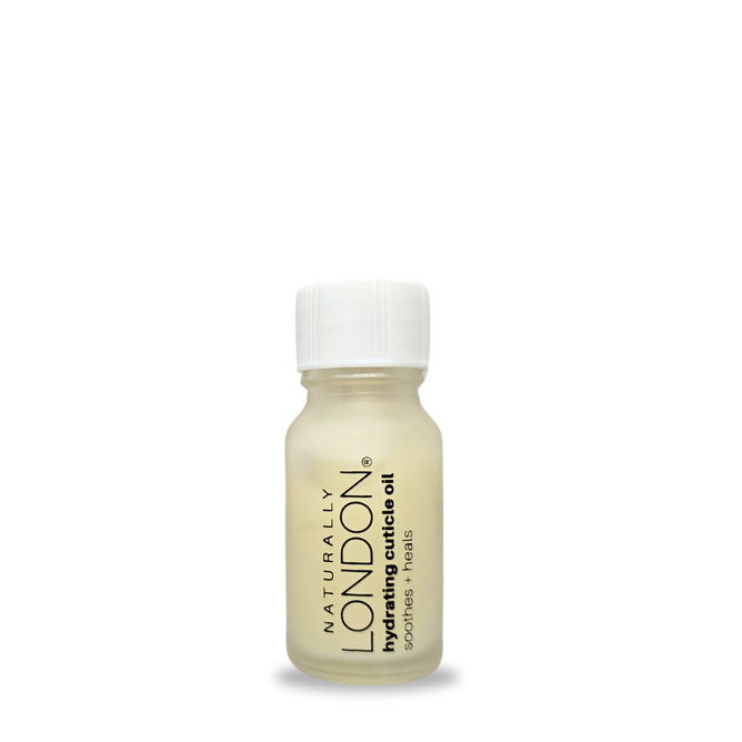 A small clear bottle with a white cap labeled Naturally London Rosehip Hydrating Cuticle Oil with Willow Bark, perfect for healthy nails, on a white background.