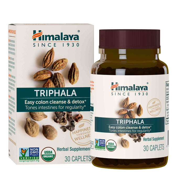 Himalayas Organic Triphala is a non-GMO, vegan product in herb-adorned packaging that offers colon cleansing, detoxing, and intestinal toning.