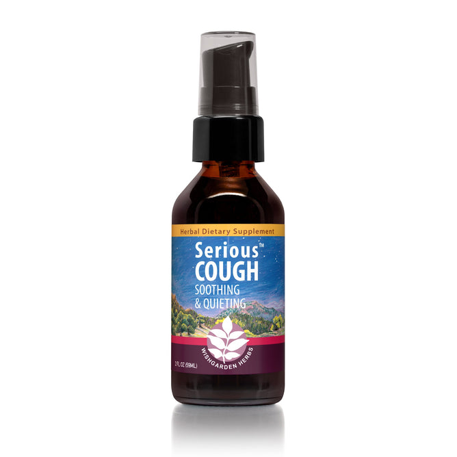 A small amber Serious Cough bottle by WishGarden Herbs, featuring a spray nozzle and labeled with a nature scene and leaf logo. Inside is a herbal dietary supplement designed to soothe the throat and provide cough relief.