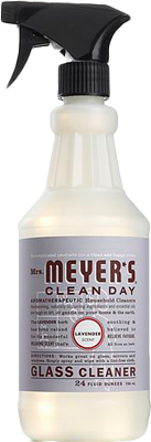 Mrs. Meyers Glass Cleaner is ammonia-free, with a lavender scent and a spray nozzle. The 24 oz bottle has a gray label with red, white, and black text and is ideal for reflective surfaces.