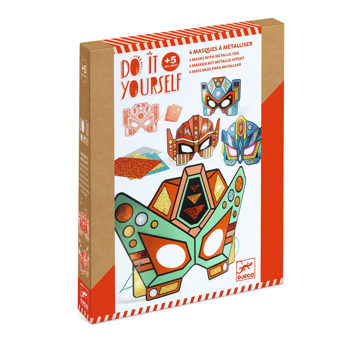 The Super Robots DIY Craft Kit by DJECO, made with FSC® Certified Paper, lets children create four colorful metallic masks featuring vivid geometric designs. Suitable for ages 5 and up, the box displays its contents and promises hours of creative fun!.