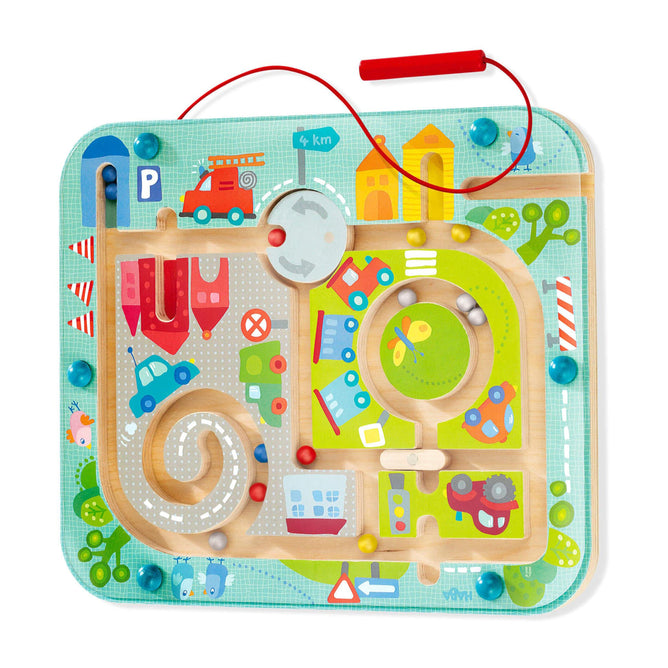 HABAs Town Maze Magnetic Puzzle Game features colorful roads, buildings, vehicles, and parking areas. It includes a magnetic wand on a red cord to guide pieces through paths. Its bright design with various shapes enhances interactive play and fine motor skills.