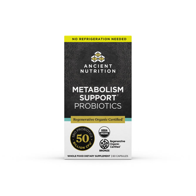 A box of Ancient Nutritions ROC - Metabolism contains 60 capsules of probiotics with 50 billion CFU from diverse strains, packaged in black and white with yellow, green, and bronze accents. It prominently displays its USDA Organic and Regenerative Organic Certified labels.