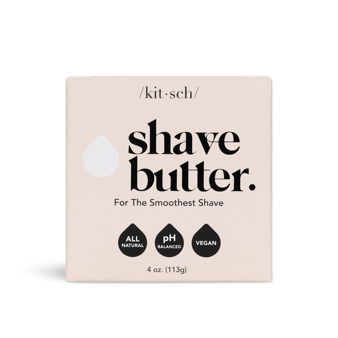 The beige box labeled Kitsch Shave Butter boasts bold black letters promising the Smoothest Shave. Its an all-natural, pH balanced, vegan formula ideal for a bottle-free routine. Net weight: 4 oz (113g).