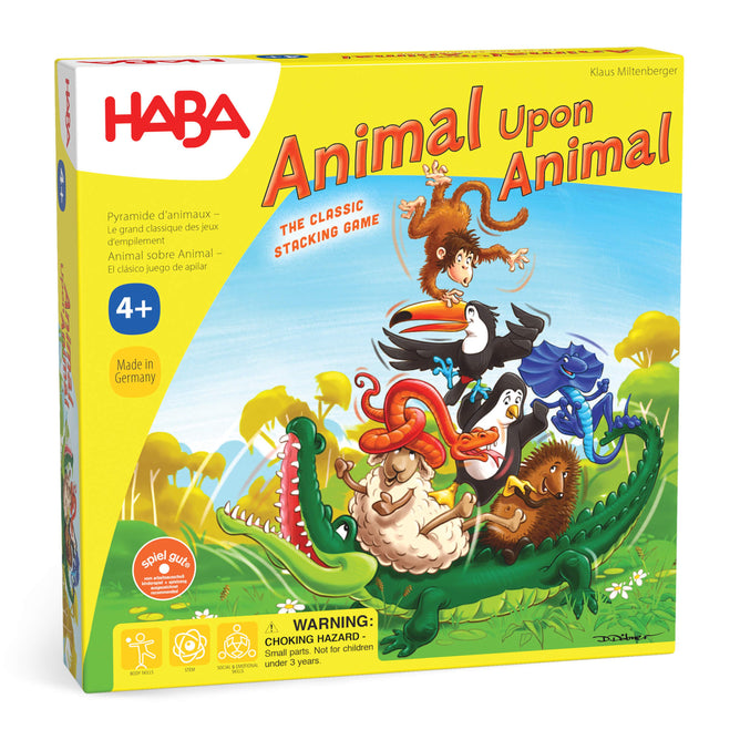 HABAs Animal Upon Animal game comes in a vibrant box and features a crocodile, monkey, and toucan for stacking fun. Made from sustainably sourced wood, it’s suitable for ages 4+ with a choking hazard warning.
