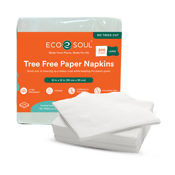 The image shows Eco Souls Tree Free White Paper Dinner Napkins, made from bagasse, with 200 eco-friendly napkins (12x12 inches each). The orange and green packaging highlights features such as being chemical, toxin, and chlorine-free.