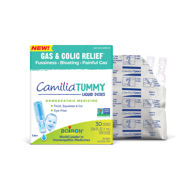 Boirons Camilia Tummy offers homeopathic relief for colic symptoms in babies. It comes dye-free with 30 individual liquid doses, shown next to baby gas drops in the image.