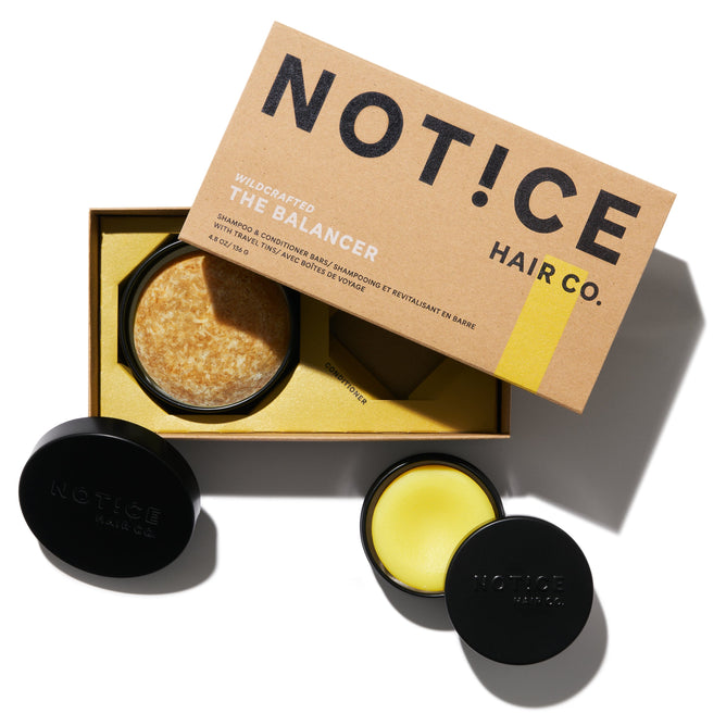 Explore the plastic-free hair care collection by NOT!CE Hair Co. featuring The Balancer Travel Set—a sleek cardboard box with a conditioner bar and chic containers, perfect for taming frizzy hair.