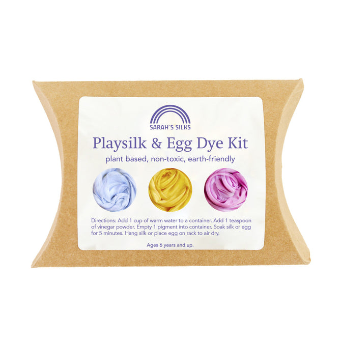 The Sarahs Silks Natural, Non-Toxic Easter Egg + Playsilk Dye Kit features pastel blue, yellow, and pink colors using organic fruit and vegetable extracts. Plant-based, non-toxic, and eco-friendly. Suitable for ages 6+, with directions included.
