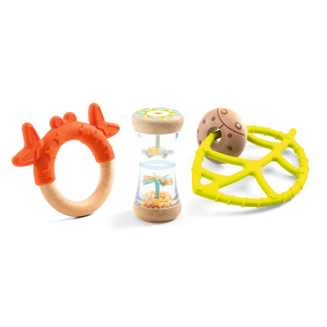 The DJECO Early Learning & Sensory Discovery Baby Gift Set, suitable for ages 3+ months, includes three colorful baby rattles: an orange giraffe shape, a clear hourglass with wooden ends and beads, and a yellow and brown one with a leaf pattern. Perfectly designed for little hands to grasp.