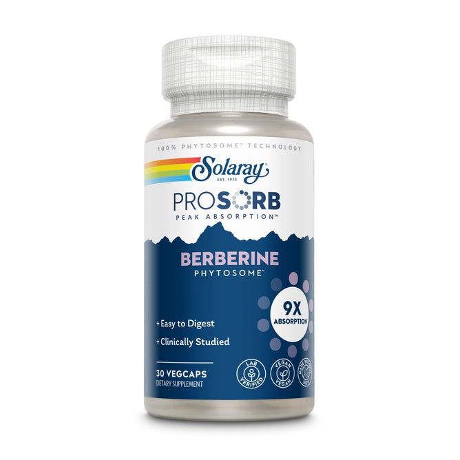 A bottle of Solarays ProSorb Berberine Phytosome dietary supplement features advanced phytosomal technology for enhanced bioavailability, boasting Easy to Digest, Clinically Studied attributes with 9x Absorption. Comes with 30 vegetable capsules.