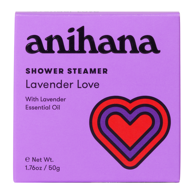 The Anihana Lavender Love shower steamer in a purple box offers a spa-like experience with lavender essential oil. It weighs 1.76oz/50g and features heart designs in red and purple, promising relaxation.