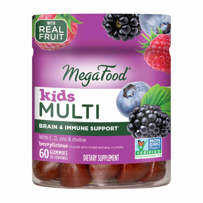 MegaFoods Kids Multi Gummies provide brain & immune support with 60 berry-flavored, non-GMO project verified gummies made with real fruit. The label shows various berries, enhancing its appeal as a kids multivitamin.